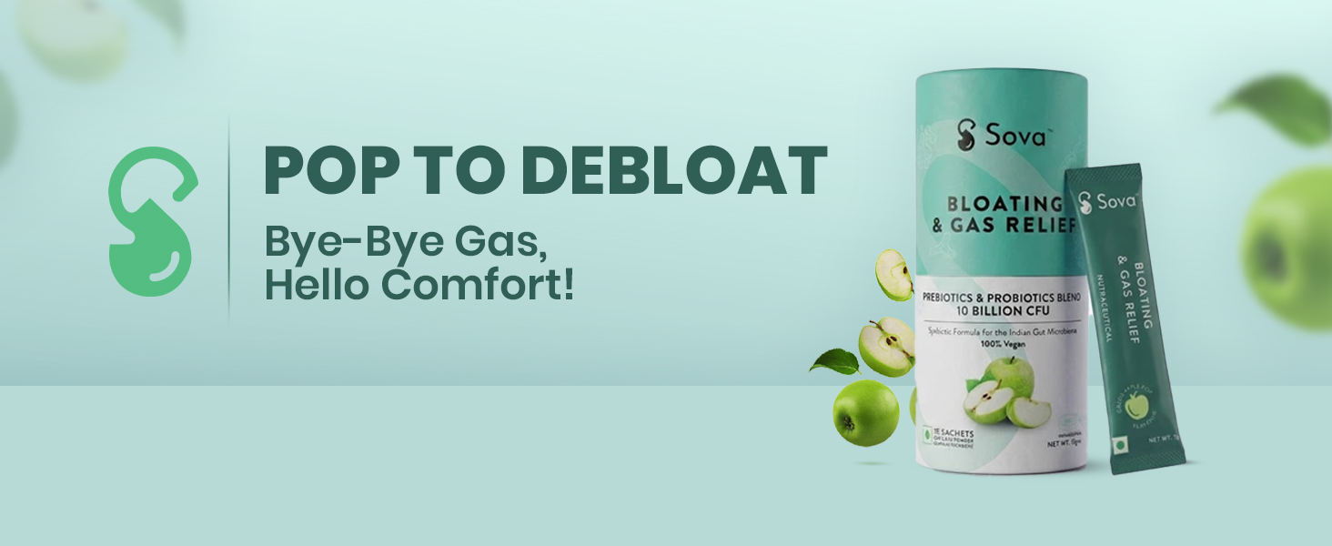 Sova Pop To Debloat Powder Prevent Gassiness, Bloating & Discomfort with 10 Billion CFUs for Healthy Digestion | Clinically Researched Prebiotics, Probiotics & Digestive Enzymes | 15 Sachets