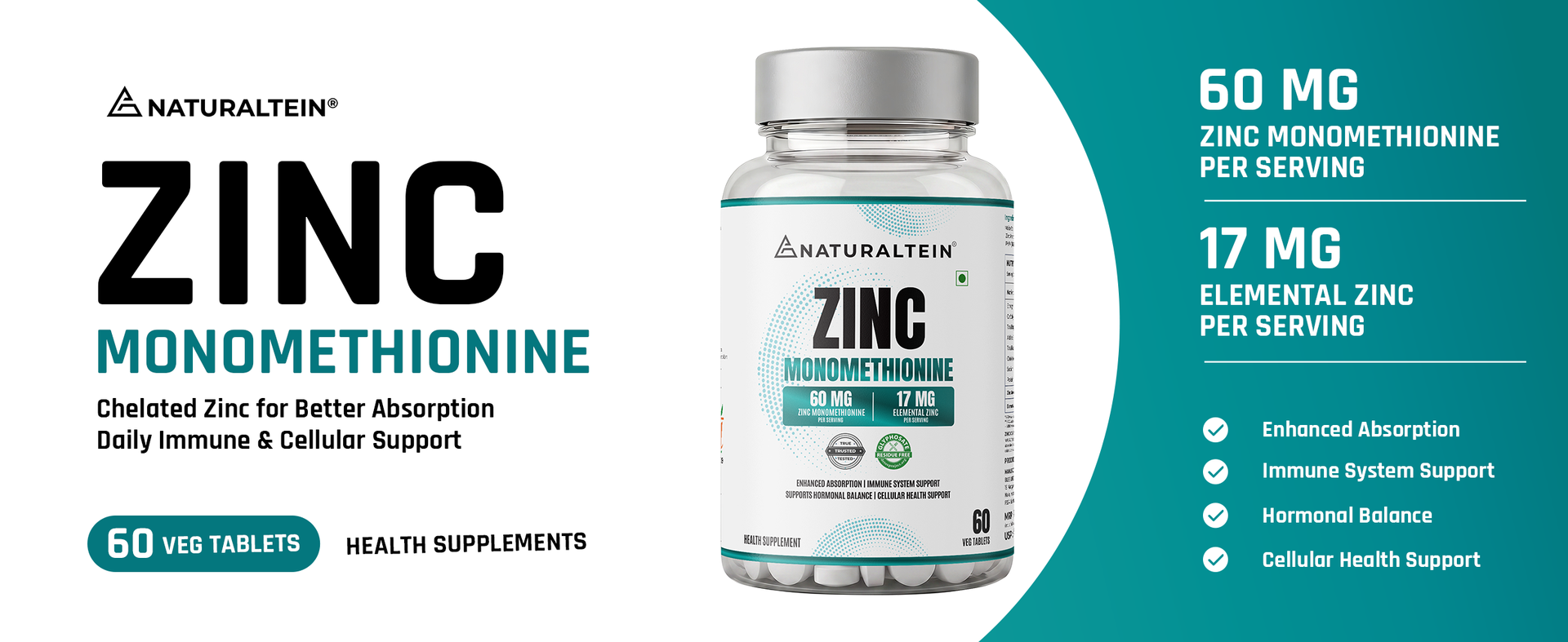 Naturaltein Zinc Monomethionine Tablets 60 mg | 17 mg Elemental Zinc per Tablet | Supports Immune Function, Healthy Skin & Antioxidant Protection | 60 Count