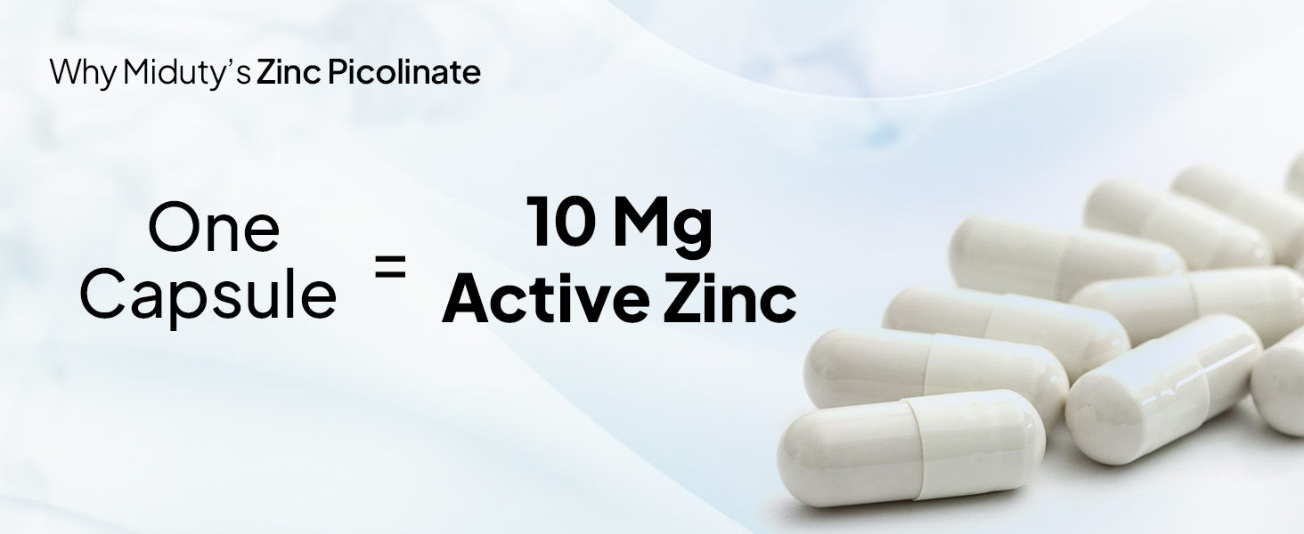 Miduty Zinc Picolinate 50 mg - High-Absorption Chelated Zinc Supplement - Immune Support, Skin & Hair Health - Supports overall wellness, Muscle Strength & Metabolism- For Men & Women - 60 Capsules