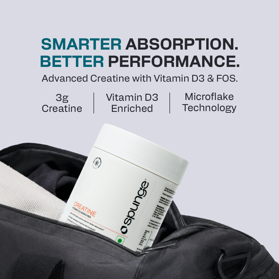 Spunge Creatine | Vitamin D3 Enriched | 105g | Creatine Monohydrate Powder with Added Vitamin D3 | Upto 4X Smaller Particles | Supports Muscle Strength, Performance & Bone Health | Daily Dietary Supplement