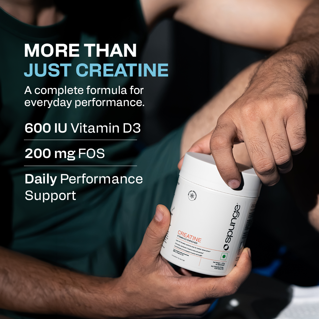 Spunge Creatine | Vitamin D3 Enriched | 105g | Creatine Monohydrate Powder with Added Vitamin D3 | Upto 4X Smaller Particles | Supports Muscle Strength, Performance & Bone Health | Daily Dietary Supplement