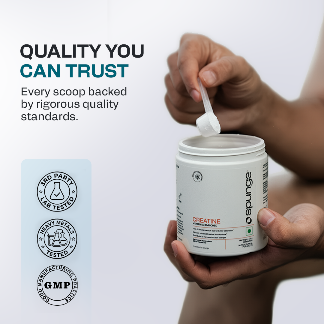 Spunge Creatine | Vitamin D3 Enriched | 105g | Creatine Monohydrate Powder with Added Vitamin D3 | Upto 4X Smaller Particles | Supports Muscle Strength, Performance & Bone Health | Daily Dietary Supplement