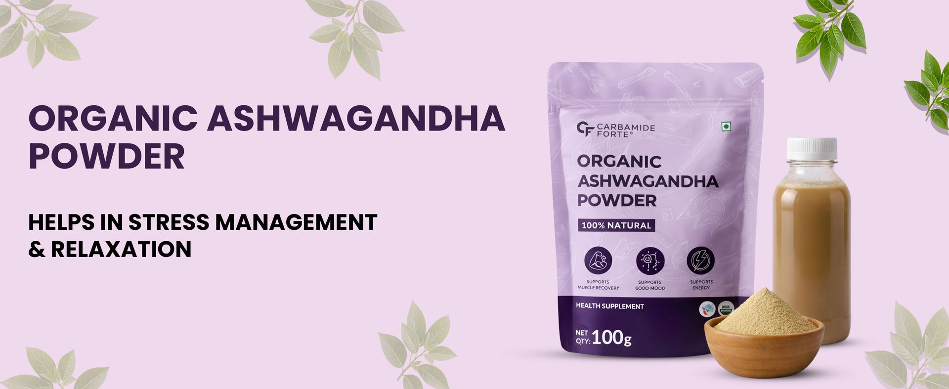 Carbamide Forte 100% Organic Ashwagandha Powder 100gm - Withania Somnifera | Pure Ashwagandha Powder Organic May Support Muscle Recovery & Boost Energy Level | USDA Certified Ashwagandha Supplements for Vitality, Strength & Stress Management | 100gm Powder