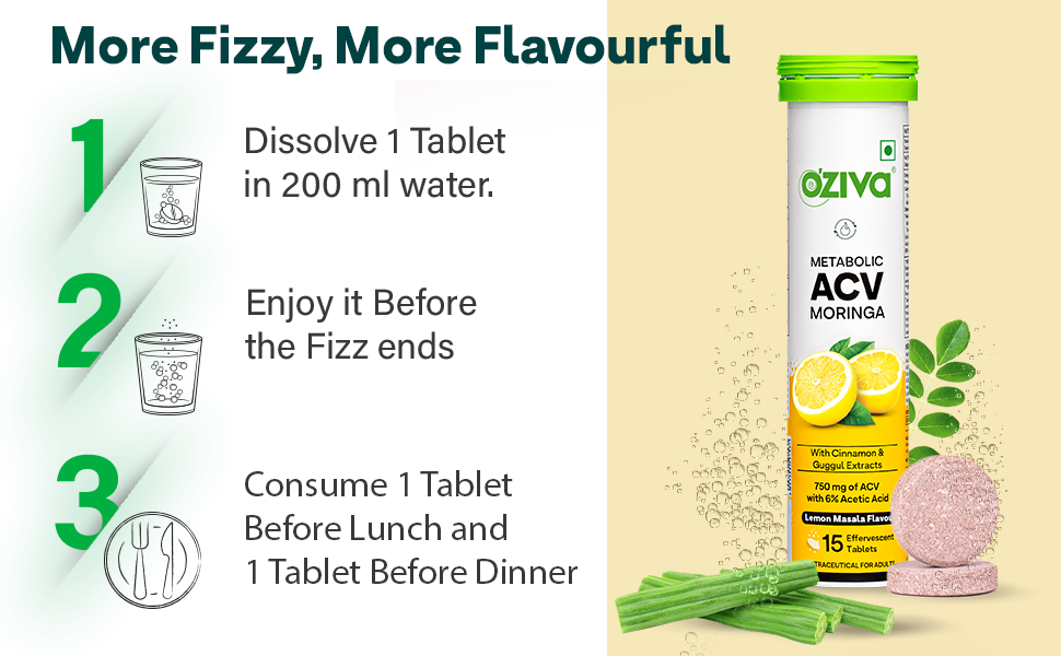 OZiva ACV Moringa Apple Cider Vinegar Tablets, Lemon Masala, Pack of 2