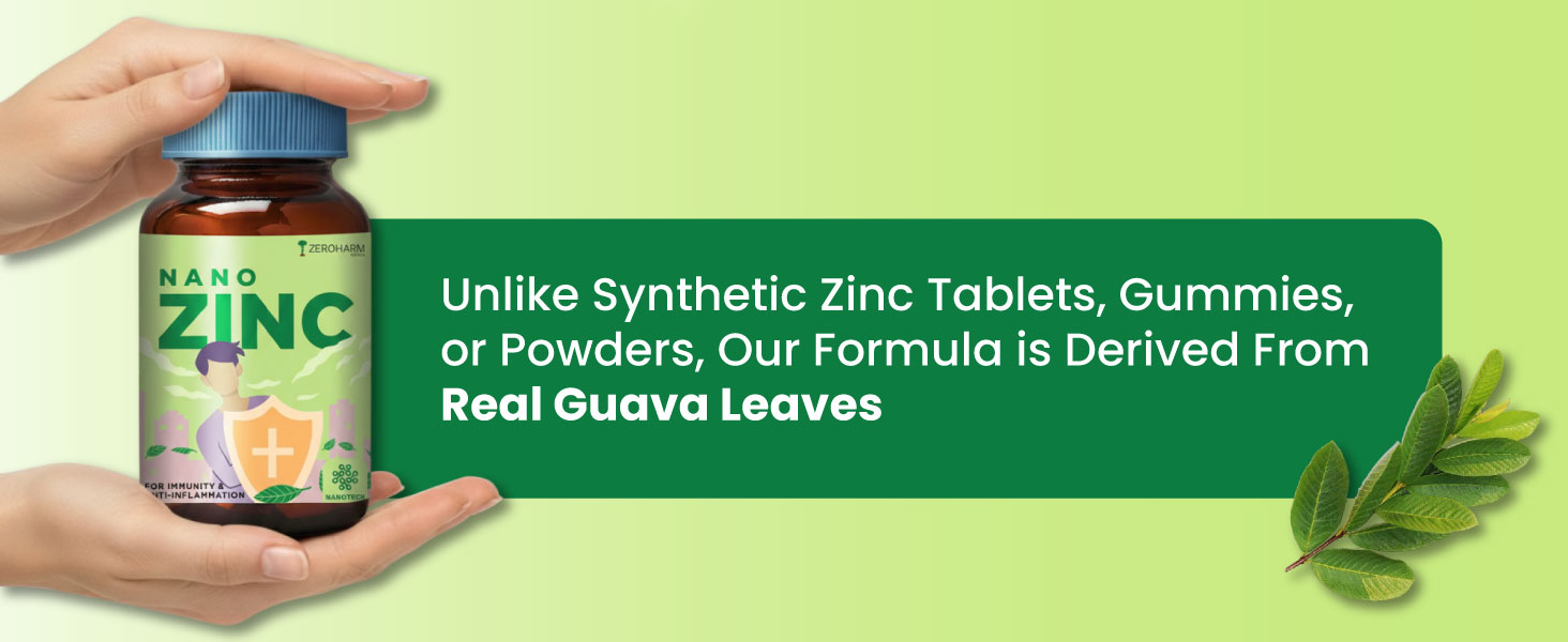ZEROHARM Nano Zinc Tablets | Guava Leaves Extract | High Absorption Zinc Supplement for Immunity, Skin, Hair, Bone, Vision & Cognitive Health | For Men & Women | 600mg per Serving | 60 Veg Tablets