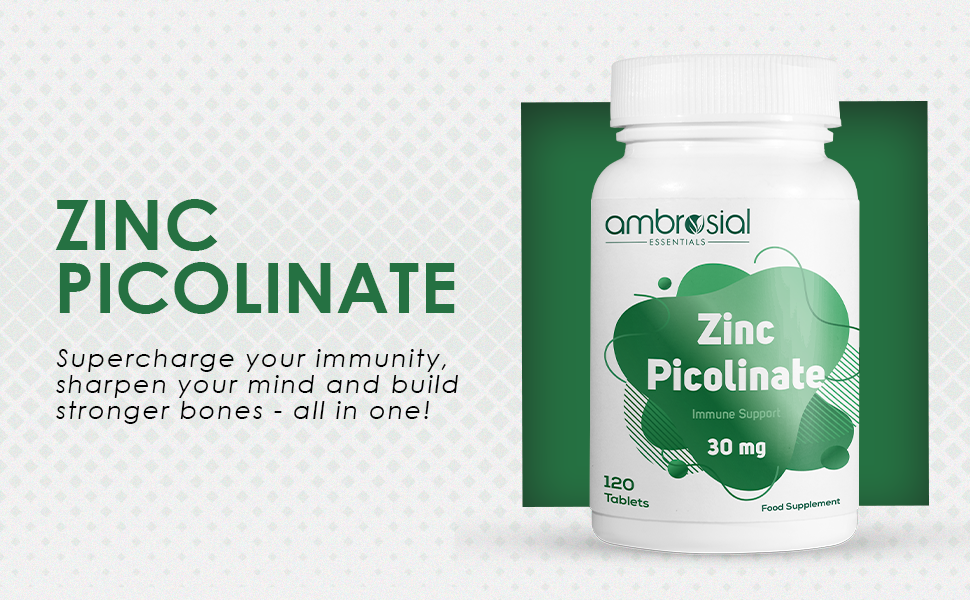 Ambrosial Zinc Picolinate 30mg, High Strength Zinc Supplements, Best Tablet for Immune Support, Bones, Hair, Skin, Nails, Supplement for Men & Women, Pack of 1-120 Tablets.