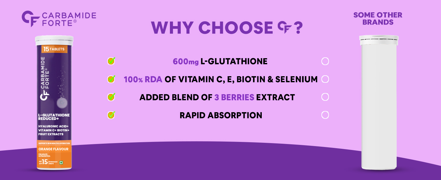 Carbamide Forte Glutathione Effervescent Tablets 600mg | Japanese Reduced L-Glutathione with Vitamin C, Hyaluronic Acid, Lycopene, Astaxanthin, Biotin, Selenium & Berry Extracts | Glutathione Supplement for Skin Glow & Antioxidant Support | Orange Flavour | 30 Effervescent Tablets