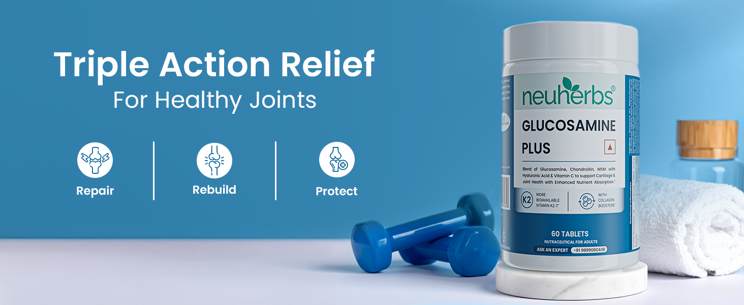 Neuherbs Glucosamine Plus 1500mg - 60 Tablets| Glucosamine Chondroitin MSM with Hyaluronic Acid, Vitamin C & K2-7 | Helps Joint Pain Relief, Cartilage Repair, Knee Support & Mobility