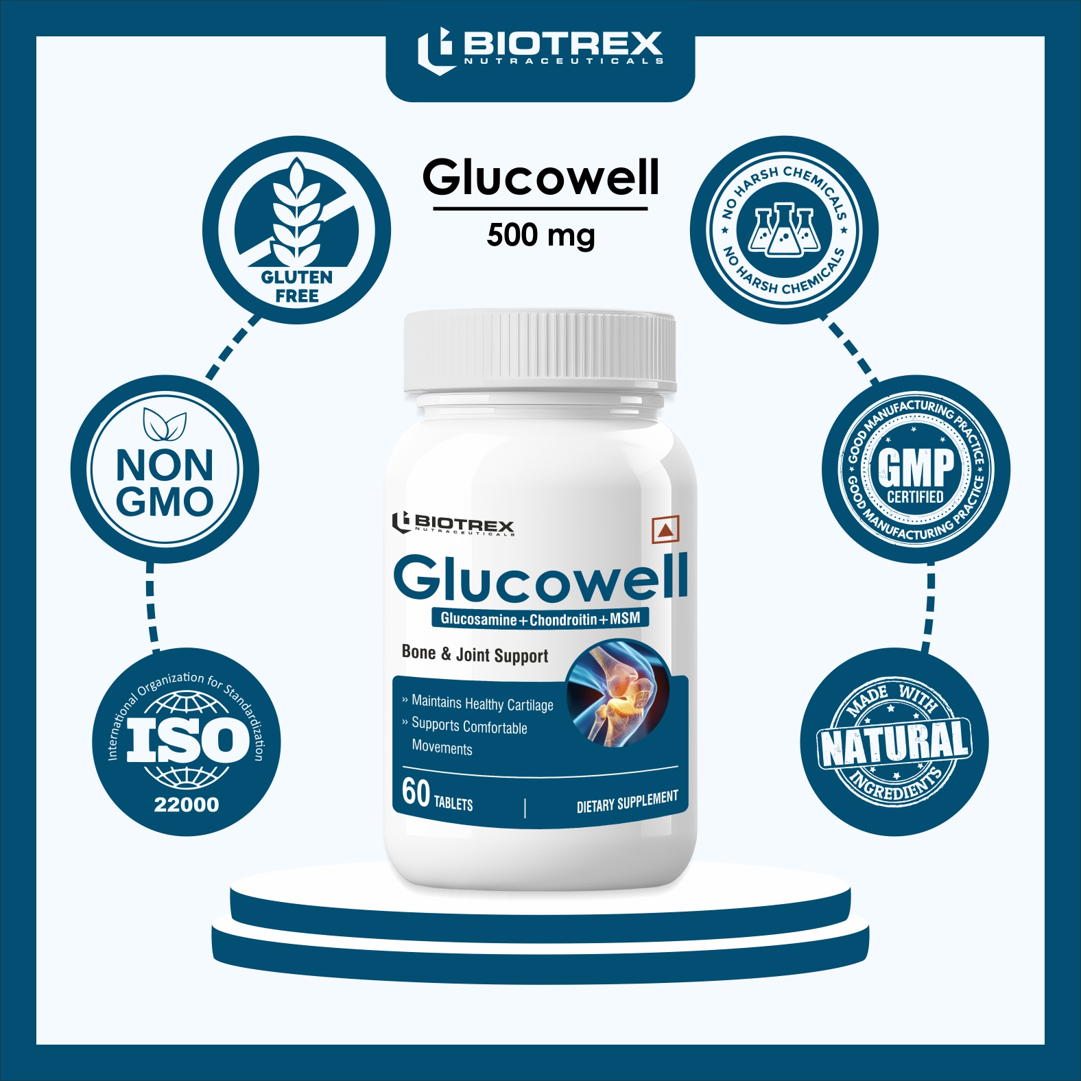 Biotrex Nutraceuticals Glucowell 500mg | Glucosamine, MSM & Chondroitin Supplement | Cartilage, Joint & Bone Health | 60 Tablets (Pack of 2)
