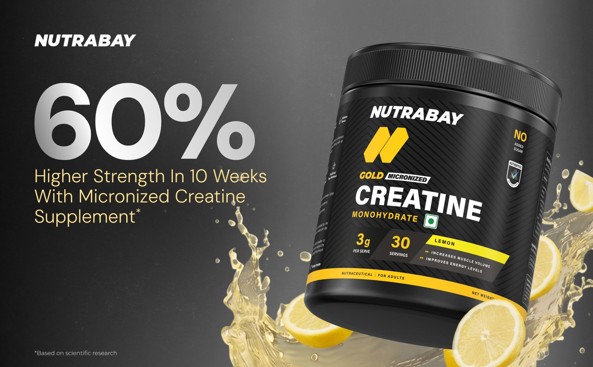 Nutrabay Gold Micronised Creatine Monohydrate Powder 3000 mg Creatine per Serving, NABL Lab Tested – Increases Muscle Mass, Strength & Power – Pre/Post Workout Supplement – 120g, Lemon
