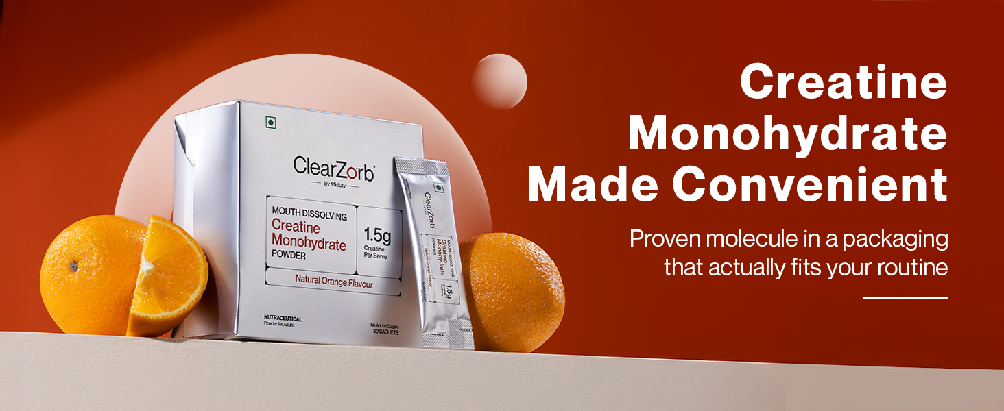ClearZorb by Miduty Creatine Monohydrate | World's First Mouth Dissolving Creatine | Supports Muscle Strength & Brain Function | 3g Daily | Fast Absorption | Natural Orange | 30 Sachets