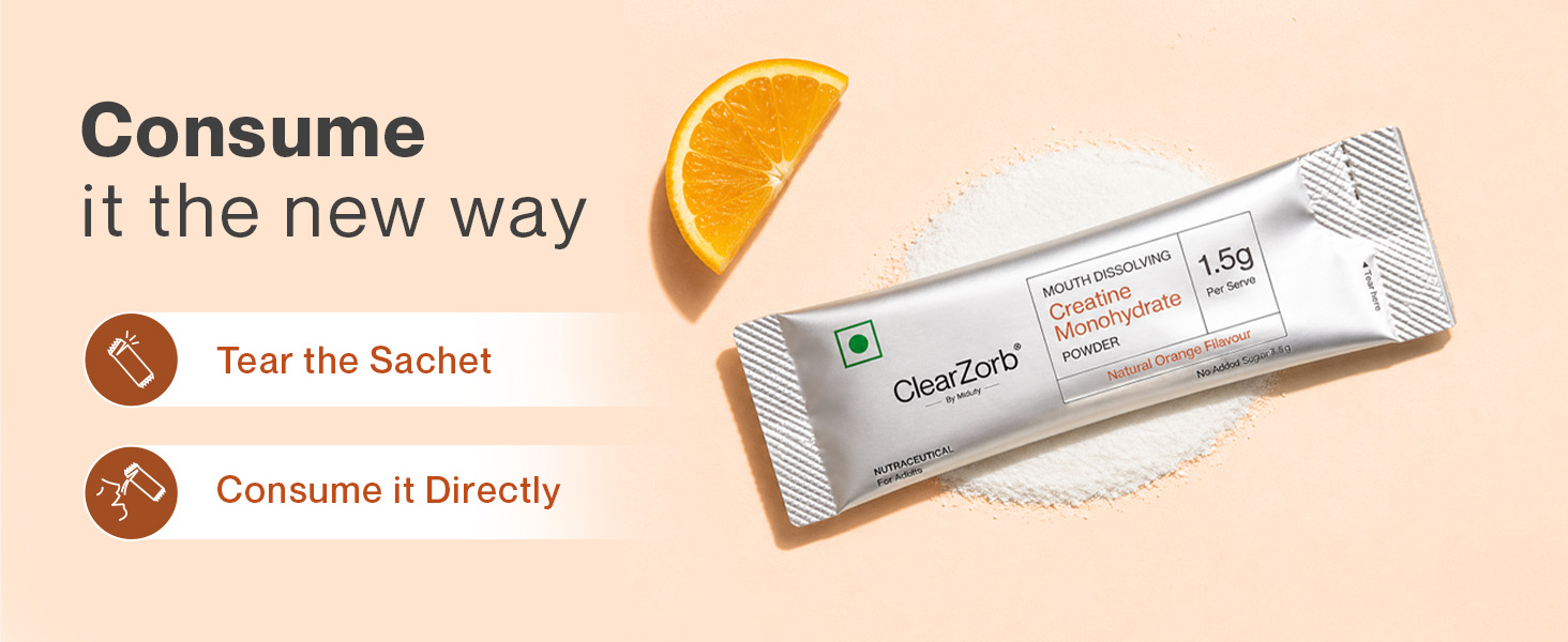 ClearZorb by Miduty Creatine Monohydrate | World's First Mouth Dissolving Creatine | Supports Muscle Strength & Brain Function | 3g Daily | Fast Absorption | Natural Orange | 60 Sachets