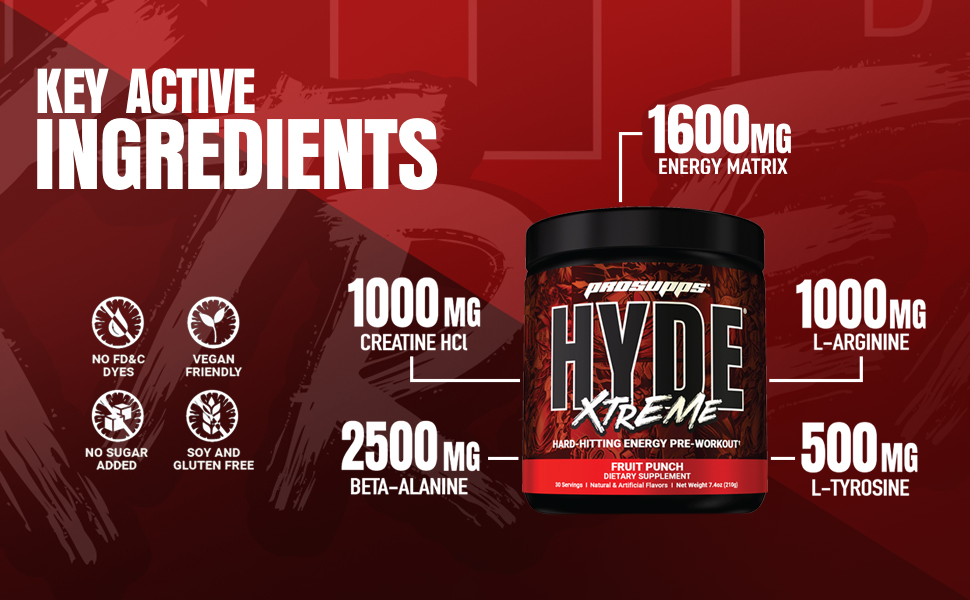 HYDE Xtreme - Hard Hitting Energy Pre Workout Supplement | Caffeine, Beta-alanine, Creatine HCl, L-arginine | For Muscle Pump, Vascularity, Strength and Focus | 15 servings (Fruit Punch)