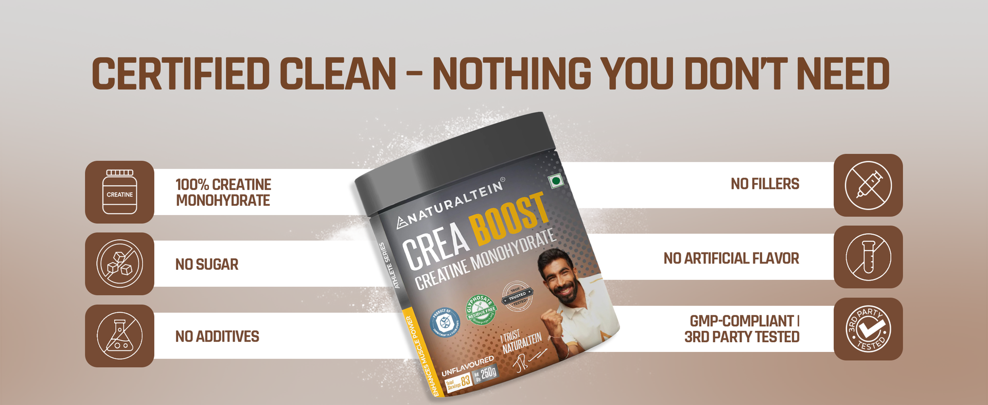 NATURALTEIN Creatine Monohydrate Unflavoured (250 Grams, 83 Servings)| Boosts Strength, Endurance & Muscle Recovery | No Fillers, No Preservatives|Fast Recovery|Increases Muscle Mass