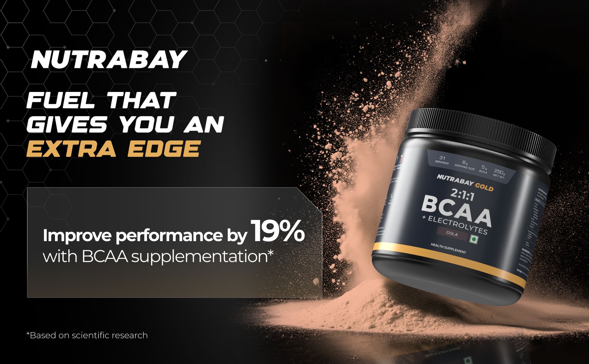 Nutrabay Gold BCAA 2:1:1 with Electrolytes 5000 mg Vegan BCAAs per Serving – Pre/Post Workout Energy Drink for Muscle Build Up & Faster Recovery - Tested for Purity - No Banned Substances – 250g, Cola