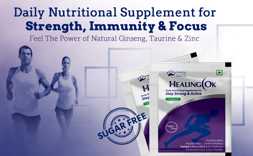 Healing Pharma - Healing OK Taurine, Ginseng, Zinc, Caffeine & L-Carnitine Powder Sachets, Sugar Free | For Strong Immunity & Overall Health | 5g x Pack of 10