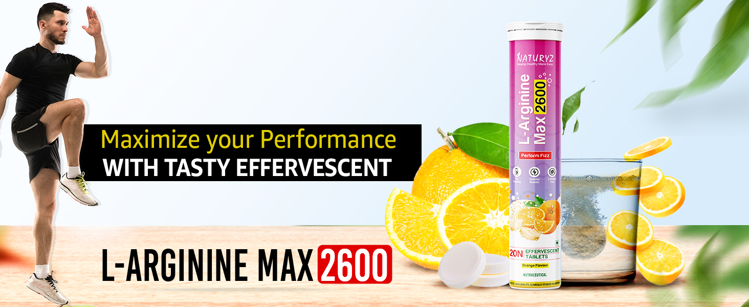 Naturyz L-Arginine Max 2600 Effervescent Tablets | Boosts Stamina | Increases Blood Flow | Improves Performance | Pre-workout Supplement 20 capsules (Orange Flavour), 1 count