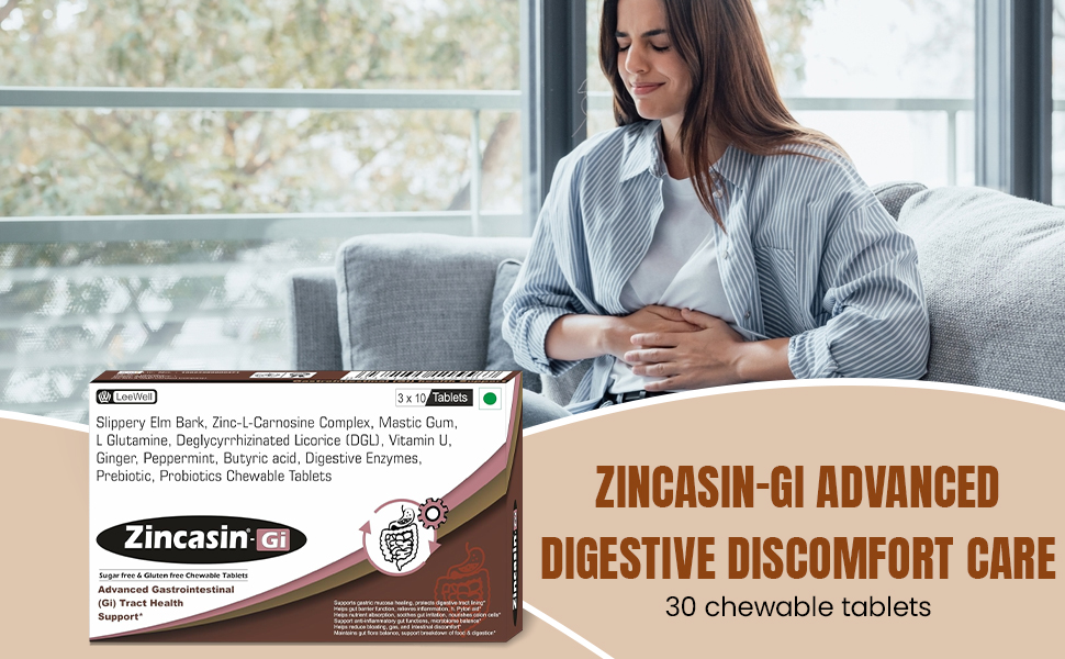 Zincasin -Gi (LeeWell) Chewable Digestive Enzymes, Probiotics | Leaky Gut, Digestion, Gas Bloating Support | Zinc Carnosine, Mastic Gum, L Glutamine, DGL, Vitamin U, Slippery Elm -30 Tablets