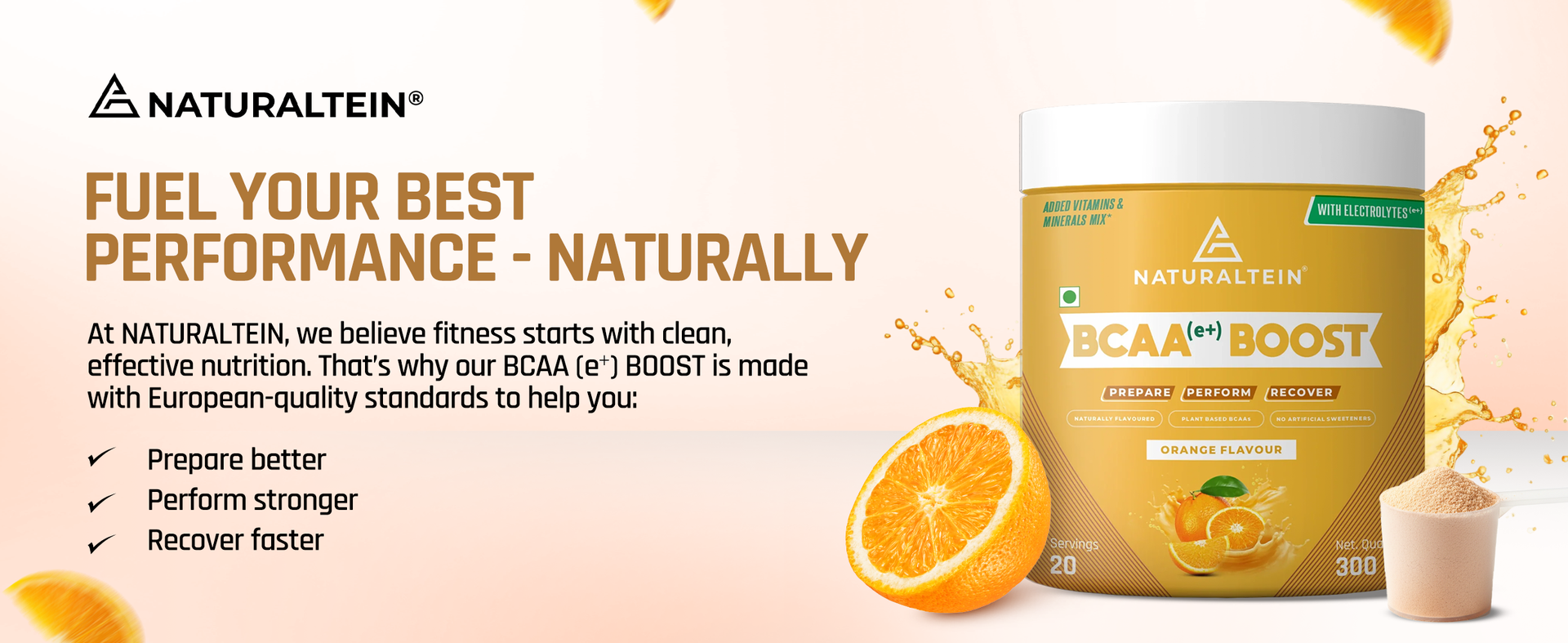 Naturaltein BCAA E+ Boost - Vegan BCAAs with Electrolytes, Vitamins & Minerals - 300g Clean Energy Drink - Natural Orange