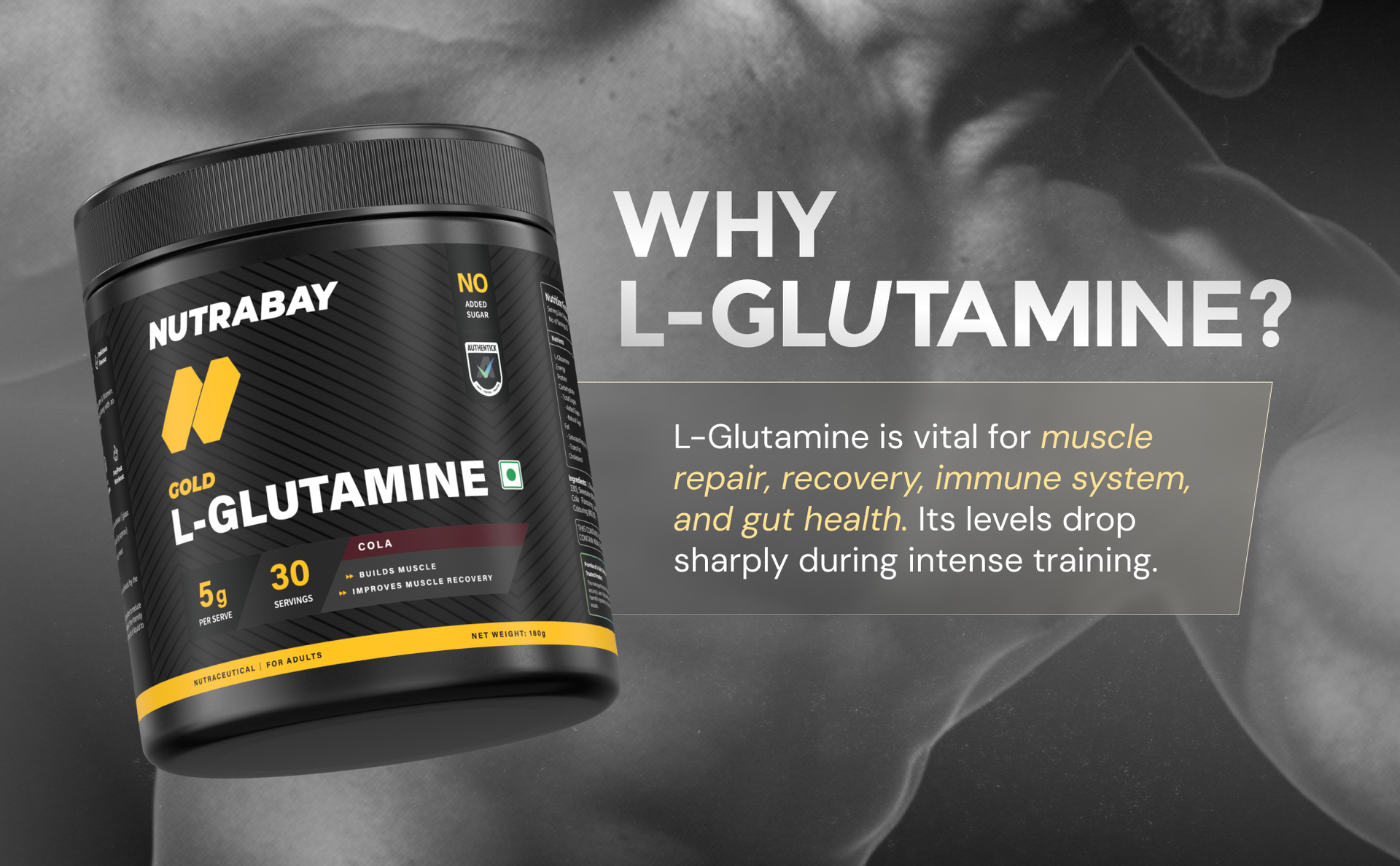 Nutrabay Gold L-Glutamine Supplement Powder 180g, Cola Flavor – Post Workout Amino Acid for Muscle Growth & Recovery | 100% Authentic Supplement | No Banned Substances | Tested for Purity
