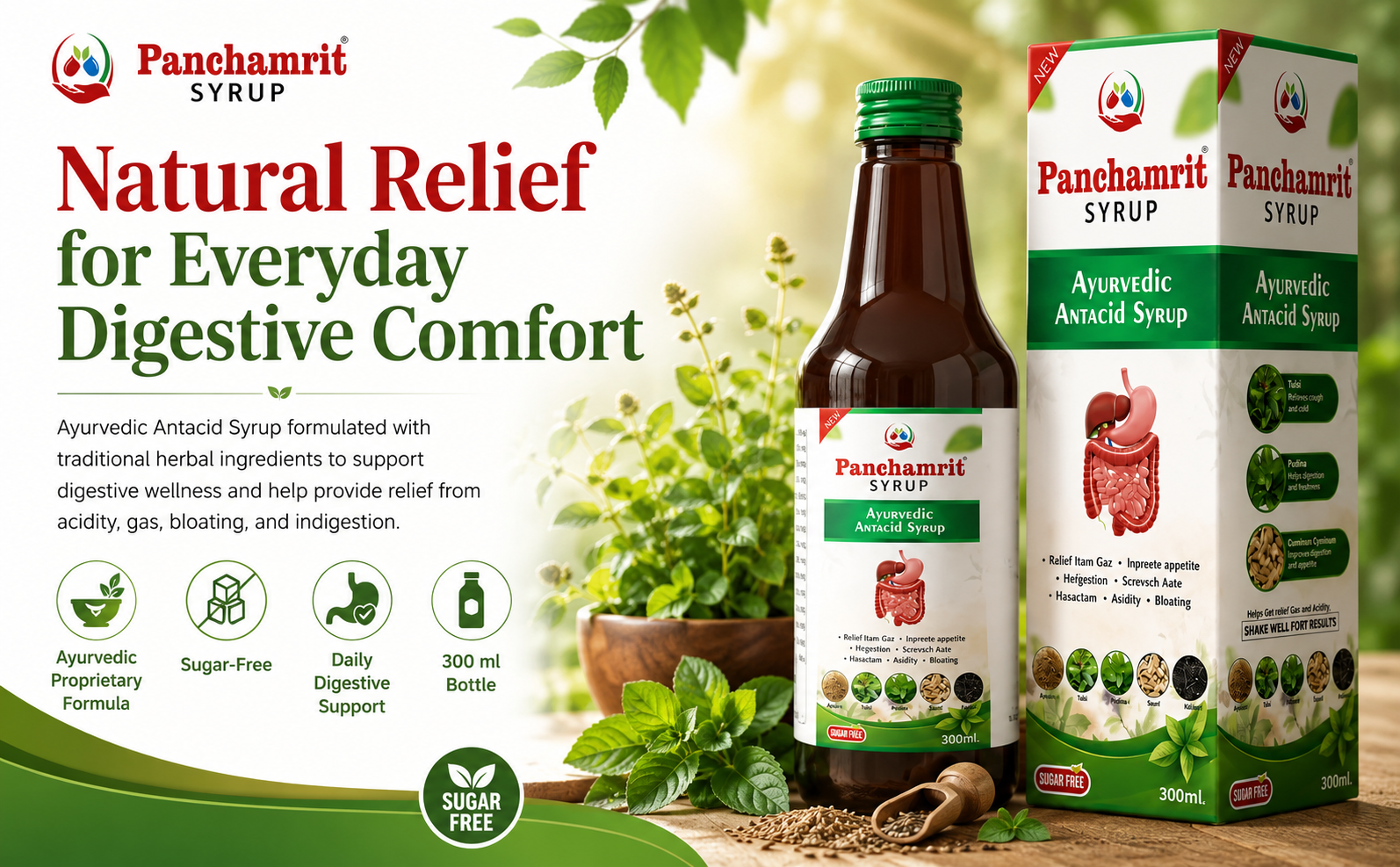 Panchamrit Ayurvedic Antacid Syrup 300ml – Herbal Digestive Tonic for Acidity, Gas, Bloating & Indigestion Relief | Sugar-Free Natural Formula with Traditional Ingredients for Gut Health & Appetite Support | Ayurvedic Proprietary Medicine