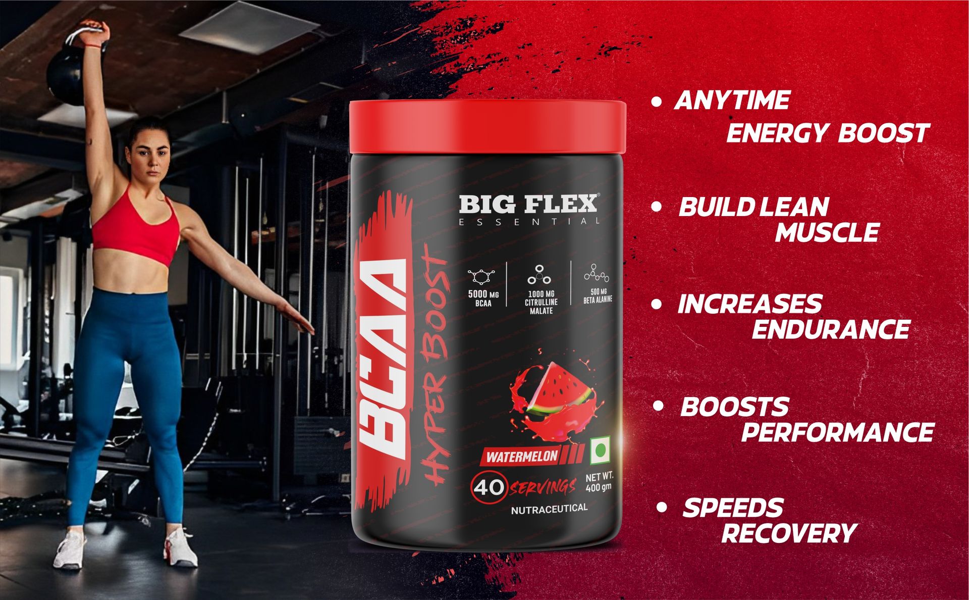 Bigflex Essential BCAA Hyperboost 5000mg Bcaa + 1000mg Citrulline malate | 500mg Beta Alanine | 500mg L-Taurine| Caffeine | Muscle Growth | Recovery | Energy - 40 Servings (Watermelon)
