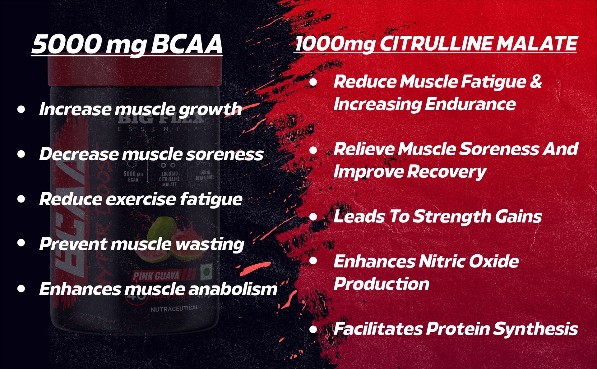 Bigflex Essential BCAA Hyperboost 5000mg Bcaa + 1000mg Citrulline malate | 500mg Beta Alanine | 500mg L-Taurine| Caffeine | Muscle Growth | Recovery | Energy - 40 Servings (Watermelon)