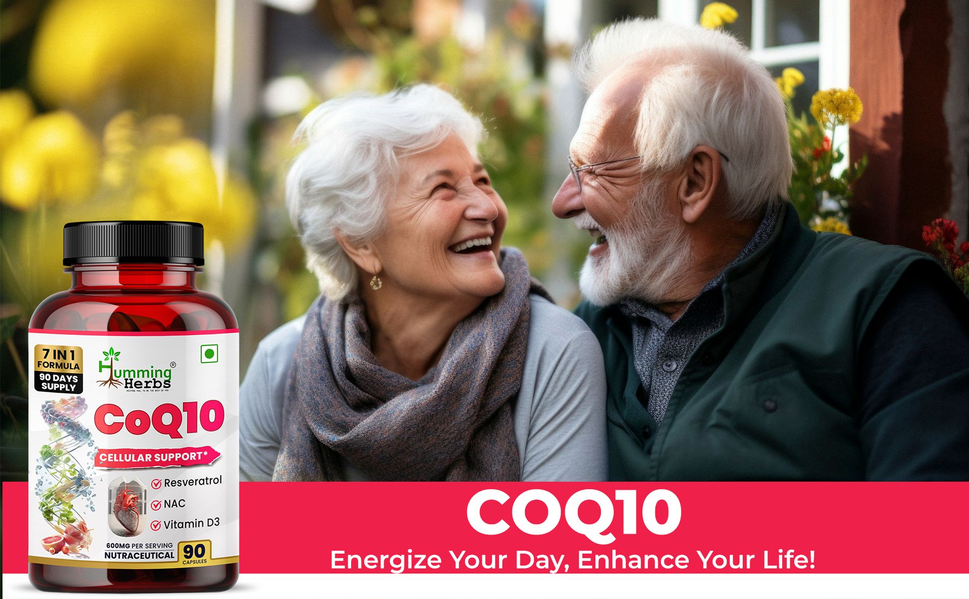 Humming Herbs CoQ10 Supplement 7-in-1 with Resveratrol NAC ALA Magnesium Vitamin K2 (MK-7) & Vitamin D3 – Cellular Energy & Antioxidant Support – 90 Veg Capsules