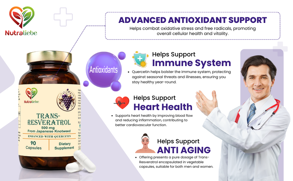 Trans-Resveratrol 500mg with Quercetin & Black Pepper - Advanced Antioxidant Support from Japanese Knotweed, 90 Capsules