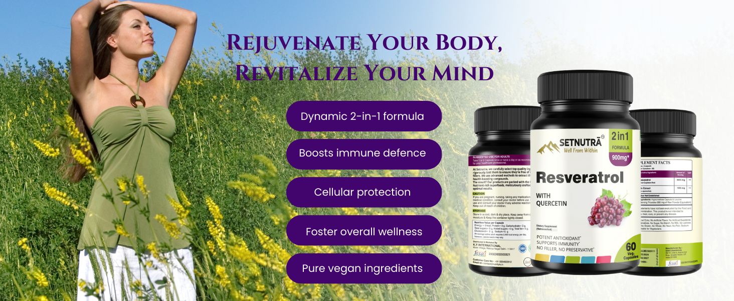 SETNUTRA | Trans Resveratrol 800mg with Quercetin | Dynamic 2 in1 Formula For Adults | Boosts NAD+ & Immune System | Cell Protection | 60 Capsules