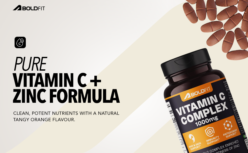 Boldfit Vitamin C Tablets for Men and Women Vitamin C Supplement with Amla Orange Extract and Zinc Immunity Booster Tablets for SkinCare, Antioxidant and Energy - 60 Veg Tablets