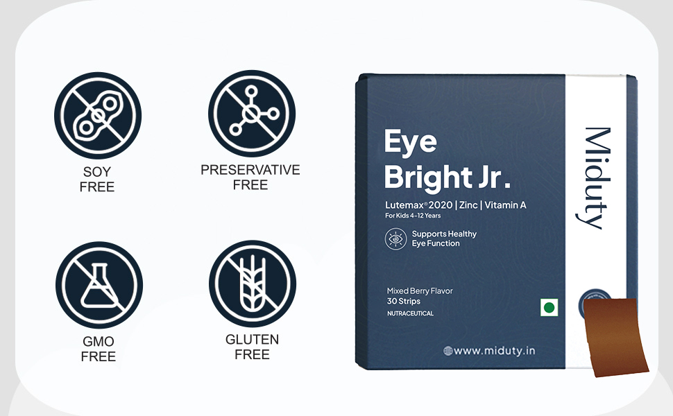 Miduty EyeBright Jr. Junior Strips for Kids- Lutemax 2020, Vitamin A, Zinc & Lycopene - Supports Blue Light Protection - Helps Eye Fatigue & Dryness - Natural Mixed Berry Flavour - 30 Strips