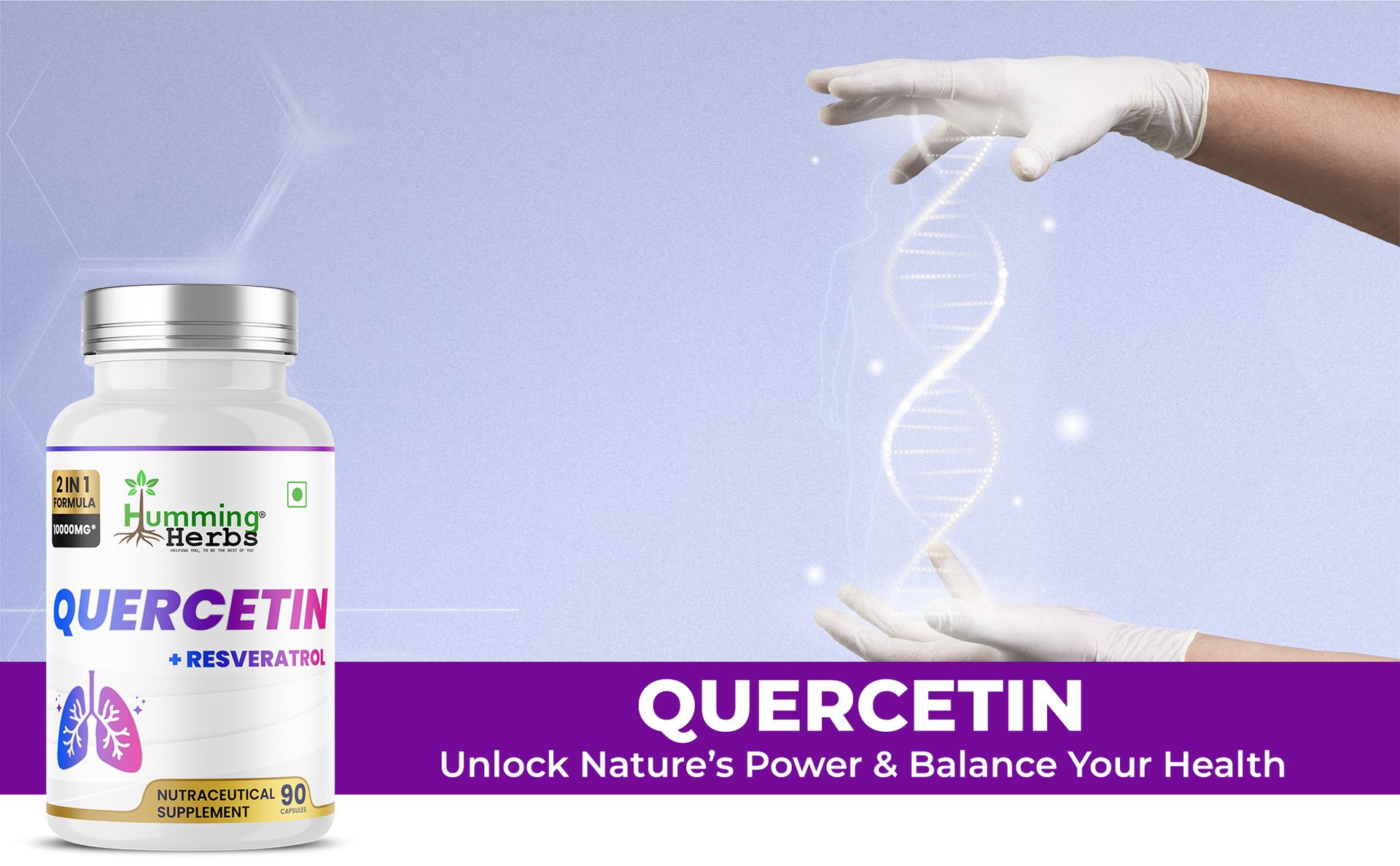 Humming Herbs Quercetin with Resveratrol Capsules | 2-in-1 Formula | 10,000 mg Potency | Supports Immune Health, Respiratory Function & Anti-Inflammatory Benefits | Vegan, 90 Capsules
