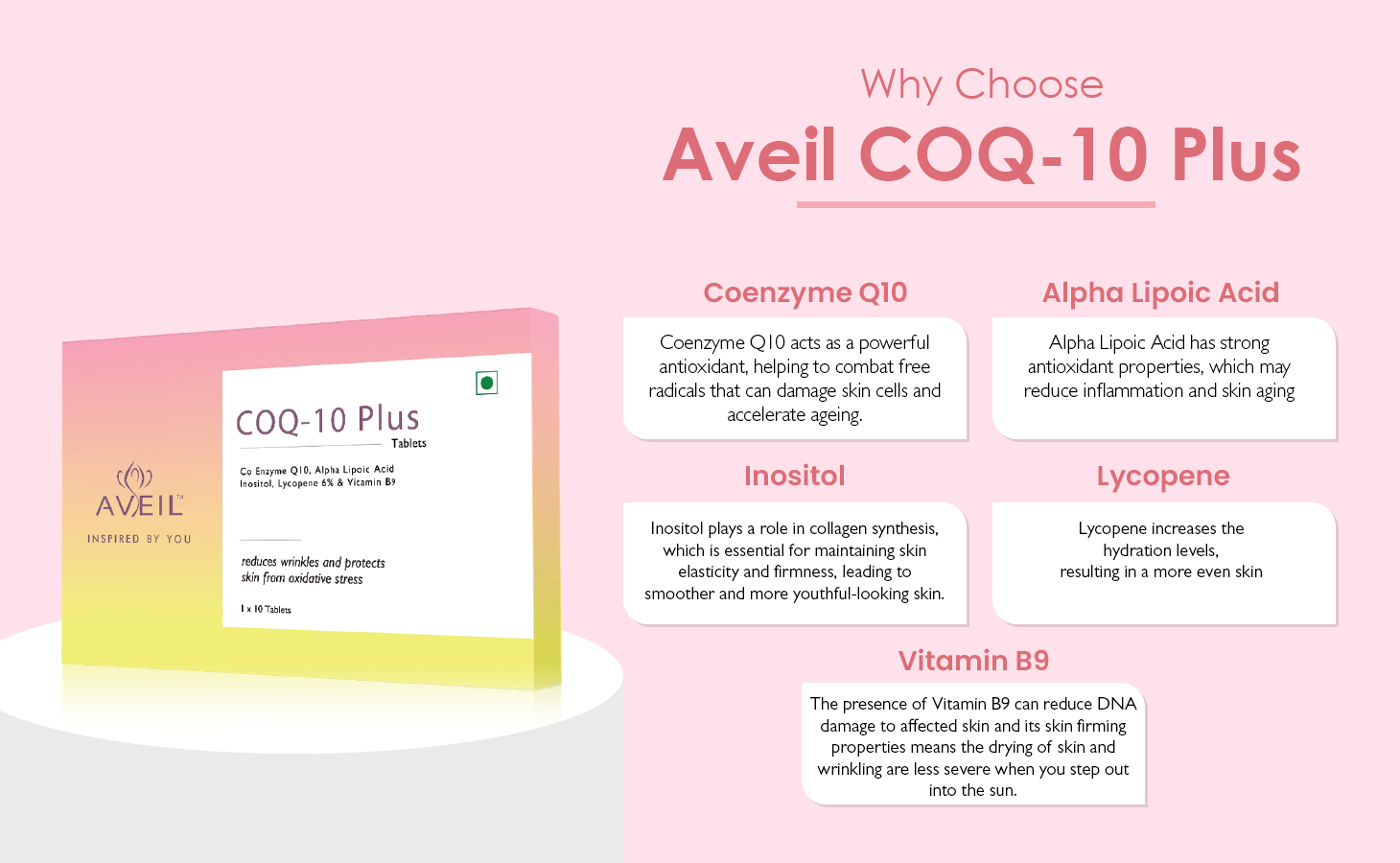 AVEIL COQ 10 Plus Tablets 300 mg | Coenzyme Q10 Capsules with Alpha Lipoic Acid, Inositol, Lycopene 6% & Vitamin B9 | 10 Tablets | Supports Heart & Immune Health | Gluten Free