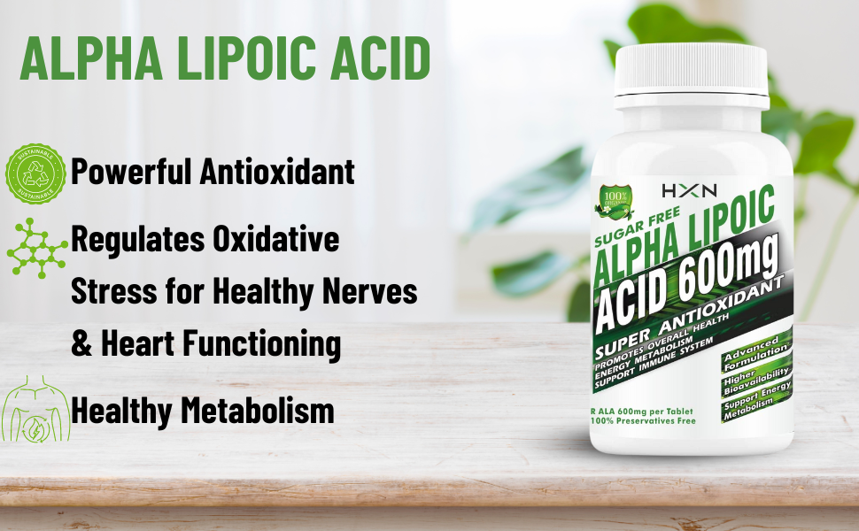 HXN Alpha Lipoic Acid 600mg, ALA Supplement With Vitamin B12, L-Glutathione, Hyaluronic Acid, Vit C, Antioxidant Supplements For Neuropathy, Good Health & Liver Detox-60 Tablet (Sugar-Free Pack1)