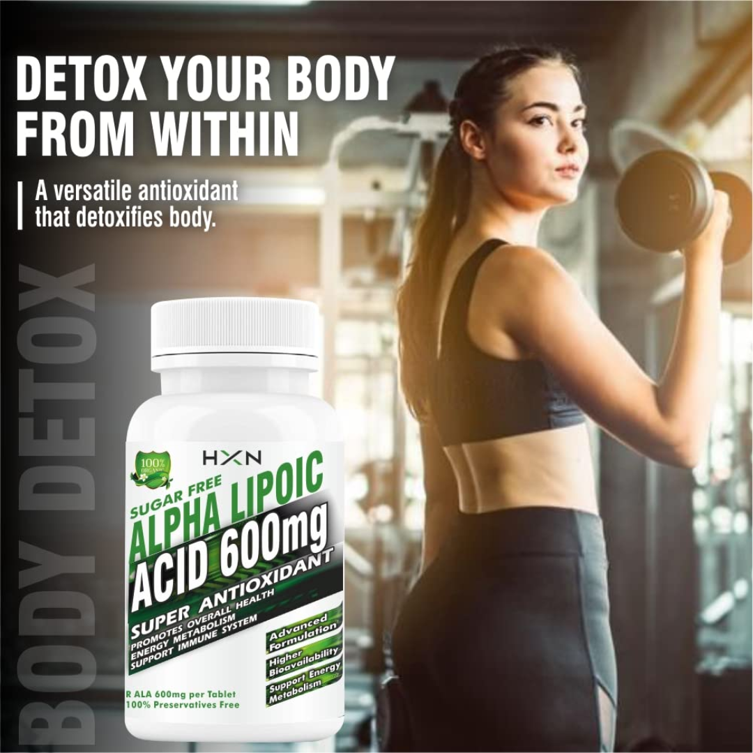 HXN Alpha Lipoic Acid 600mg, ALA Supplement With Vitamin B12, L-Glutathione, Hyaluronic Acid, Vit C, Antioxidant Supplements For Neuropathy, Good Health & Liver Detox-60 Tablet (Sugar-Free Pack1)
