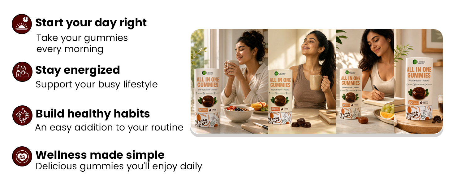 Gut and Beyond All in One Multivitamin Gummies for Men and Women, 60 Count - Probiotics, B Complex, Vitamin C, D and E and Antioxidants for Immunity, Energy, Gut Health and Skin, Coffee Flavour
