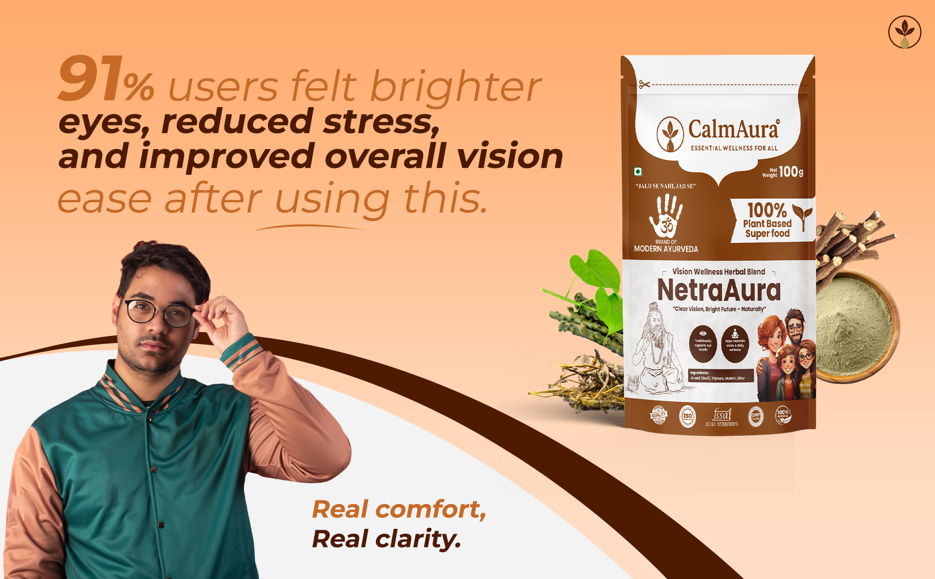 CalmAura NetraAura Ayurvedic Vision Wellness Powder 100g | Herbal Eye Care for Screen Fatigue Relief & Eye Strength with Jivanti Triphala Mulethi Giloy | Vegan
