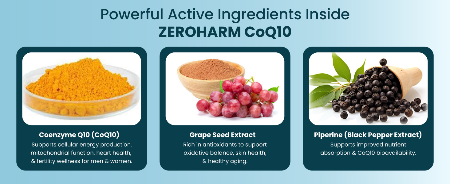 ZEROHARM Coenzyme Q10 | 250mg with Piperine & Grape Seed Extract | High Absorption CoQ10 Supplement | CoQ10 Ubiquinol Supports Heart, Vascular Health & Cellular Energy Production | 60 Veg Capsules