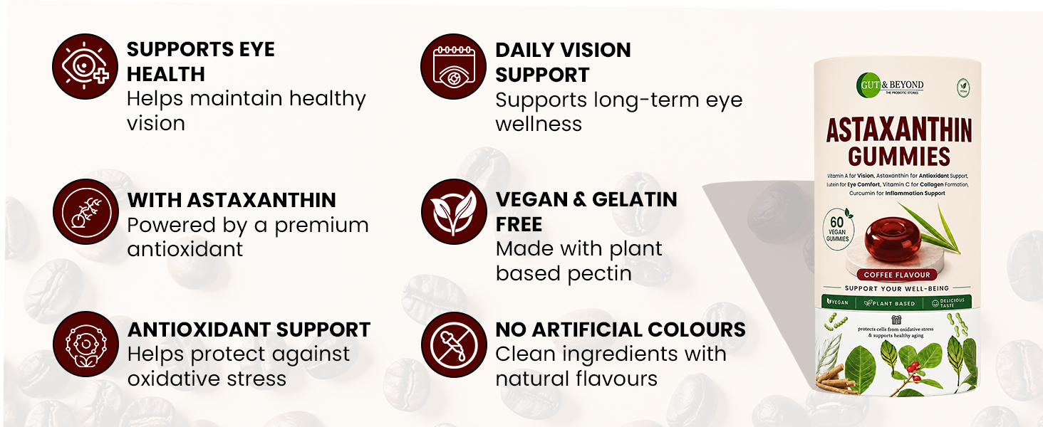 Gut and Beyond Eye Essentials Gummies 60 Count | Lutein and Astaxanthin for Blue Light Protection | Reduces Eye Fatigue and Digital Eye Strain | Vision Clarity | Coffee Flavour