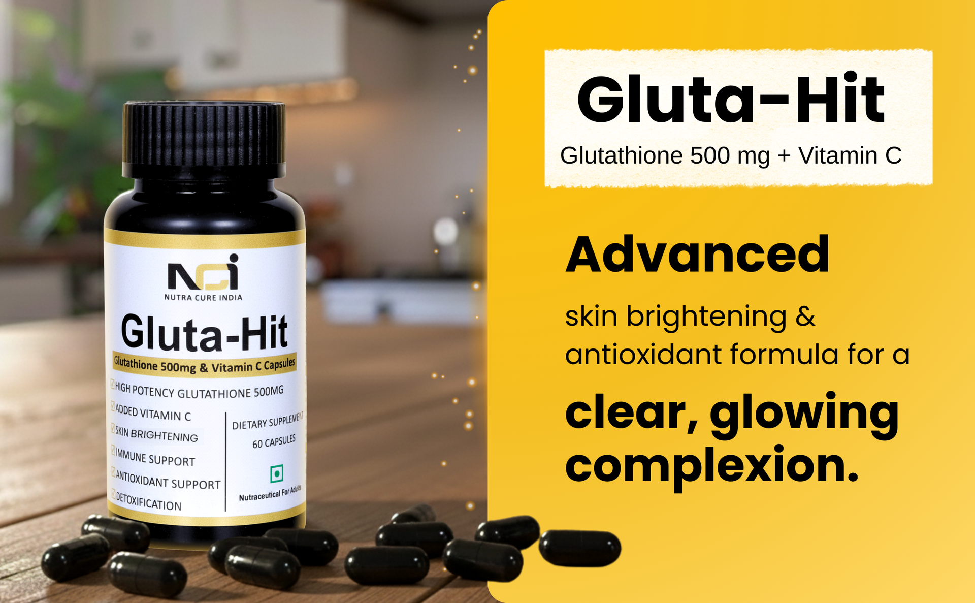 NCI Gluta-Hit Glutathione 500mg with Vitamin C Capsules, Skin Brightening, Immune Support, Antioxidant, Detoxification, 60 Capsules