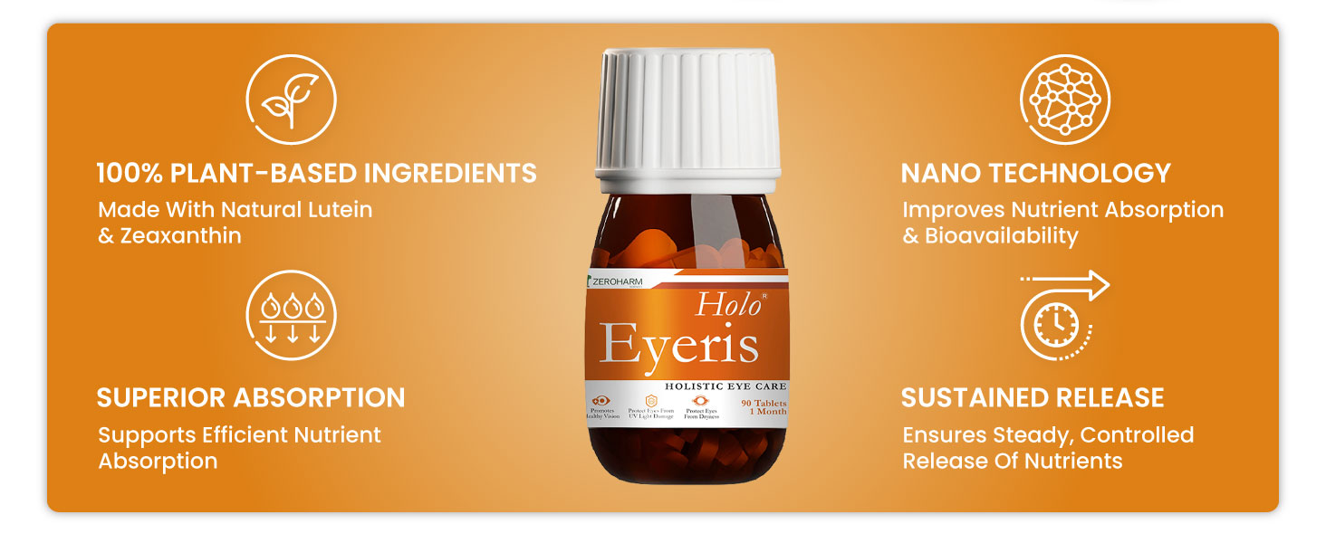 ZEROHARM Holo Eyeris | Eye Supplement with Lutein, Zeaxanthin | Supports Healthy Vision, Helps Reduce Digital Eye Strain & Fatigue from High Screen Time for Men, Women, & Students - 90 Tablets (2 Pack)