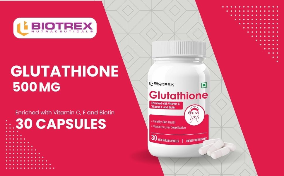 Biotrex Nutraceuticals Glutathione With Vitamin C & E, Biotin, Grape Seed Extract, Alpha Lipoic Acid, L-Lysine For Healthy Skin Health, Antioxidant Supplement - 30 Vegetarian Capsules