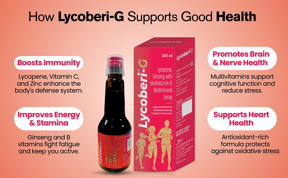 G Lycopene Ginseng Multivitamin and Multimineral Syrup, 225 ml, help to Improves Stamina Enhances Energy and Supports Immunity Booster (Pack of 1)