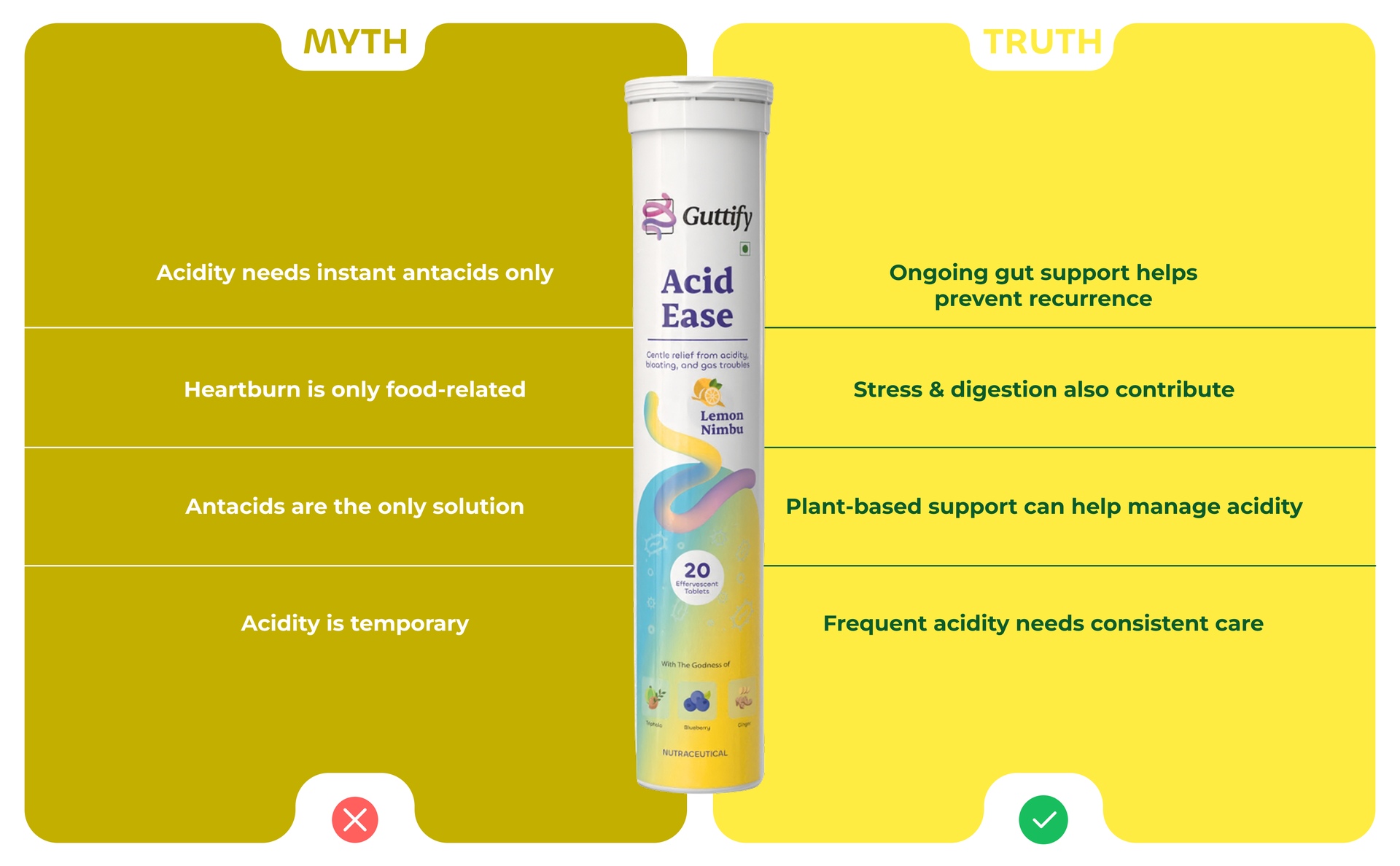 Acid Ease Lemon Khatta Effervescent Tablets with Triphala, Blueberry and Ginger for Acidity Relief, Gas Control, Indigestion Care and Bloating Ease | 20 Tablets