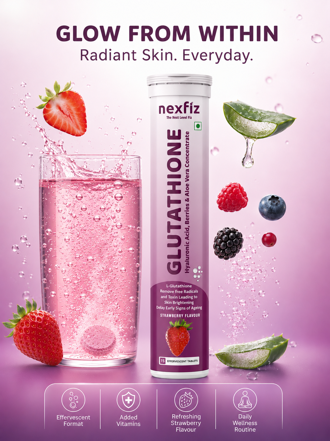 Glutathione Effervescent Tablets-500mg| Skin Brightening, Anti-Aging & Deep Hydration | With Vitamin E, Hyaluronic Acid & Aloe Vera Concentrate | No Sugar | No Maltodextrin | Strawberry | Pack of 1 (15 Tablets)