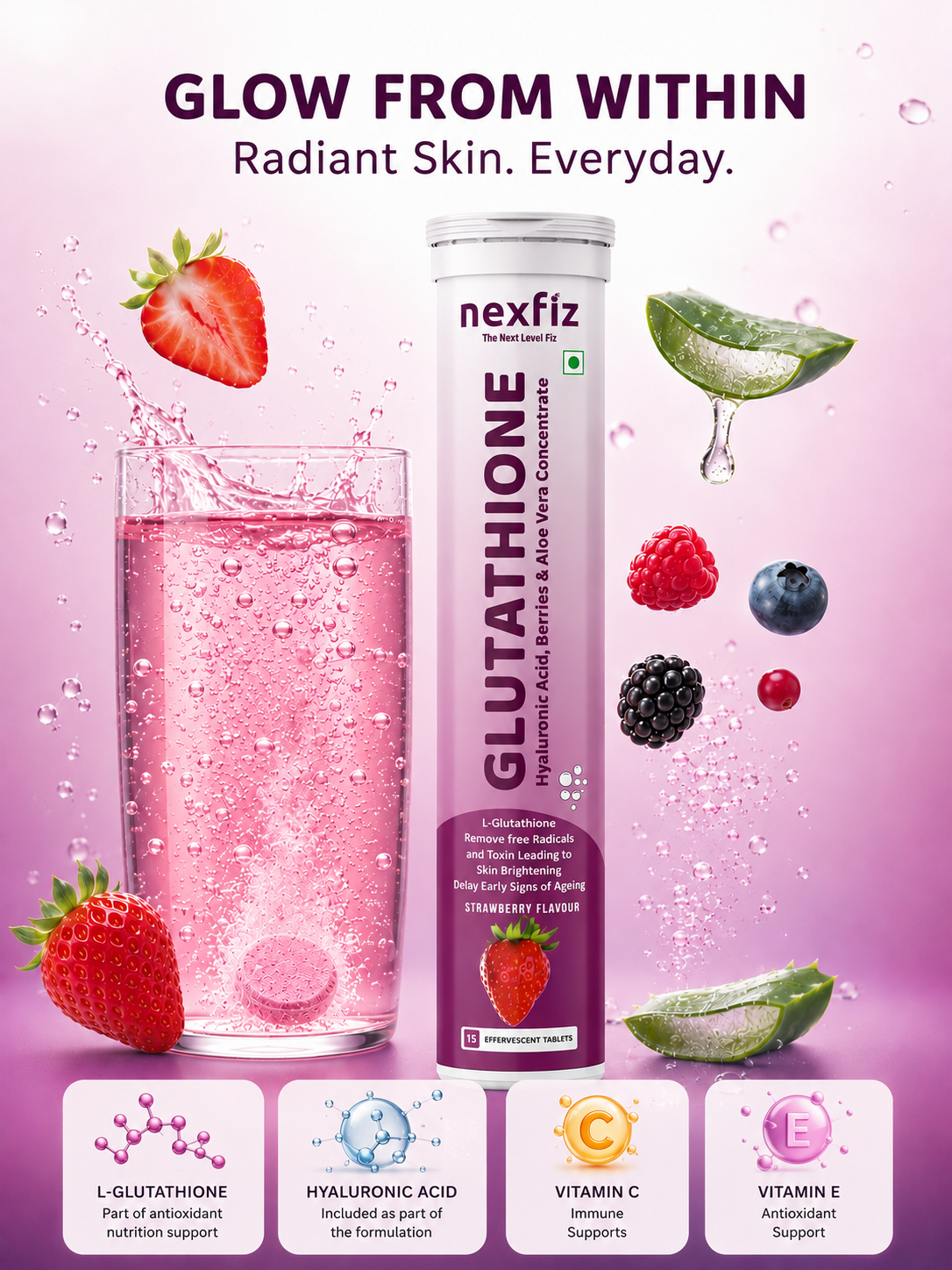 Glutathione Effervescent Tablets-500mg| Skin Brightening, Anti-Aging & Deep Hydration | With Vitamin E, Hyaluronic Acid & Aloe Vera Concentrate | No Sugar | No Maltodextrin | Strawberry | Pack of 1 (15 Tablets)