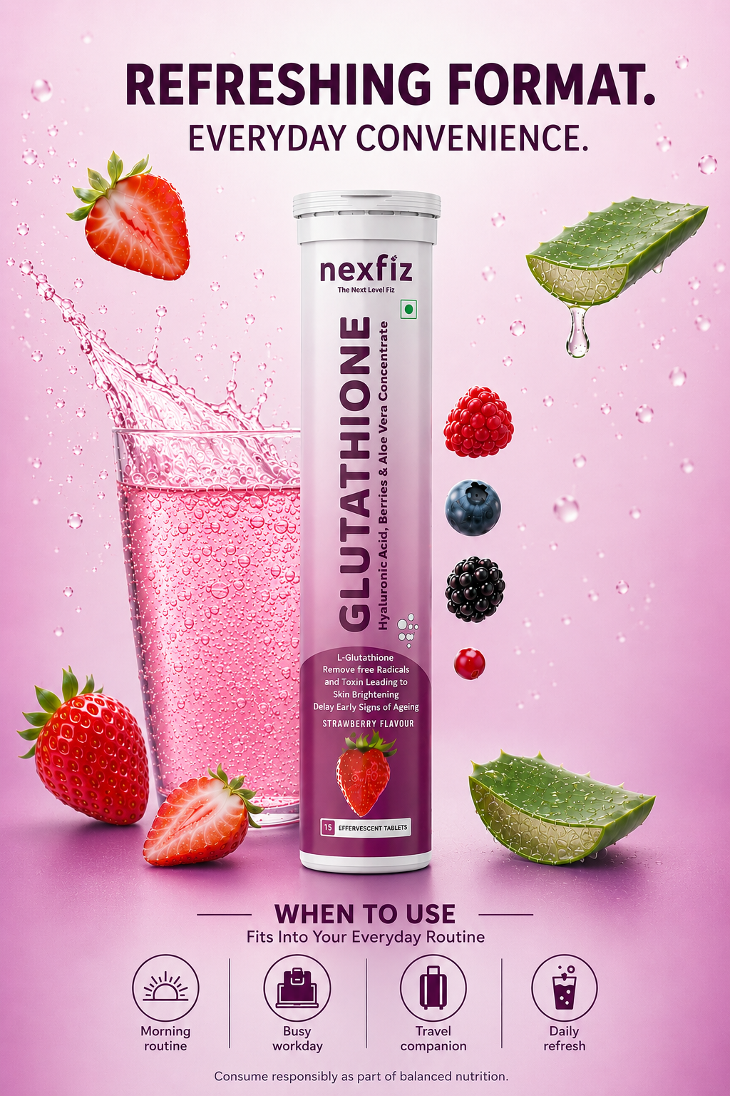 Glutathione Effervescent Tablets-500mg| Skin Brightening, Anti-Aging & Deep Hydration | With Vitamin E, Hyaluronic Acid & Aloe Vera Concentrate | No Sugar | No Maltodextrin | Strawberry | Pack of 1 (15 Tablets)