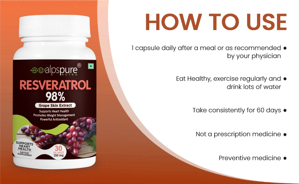 Alpspure Nutra Resveratrol 98% (Grape Skin Extract), 30 Tablets |Supports Heart Health and Weight Management | Powerful Natural Antioxidant | Anti-ageing & Anti-inflammatory | For Men & Women