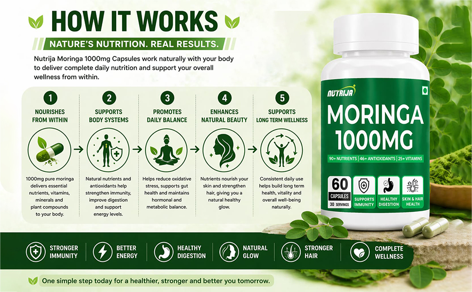 NutriJa Moringa 1000mg with Chromium Picolinate - 60 Veg Capsules | Supports Daily Nutrition, Digestion & Immunity | Herbal Wellness Supplement | 30 Servings